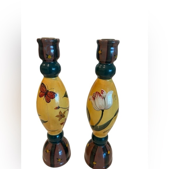 Hand Painted Wooden Candle Holders signed by Artist. - Picture 3 of 8